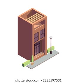 Townhouse building isometric composition with isolated colourful building with multiple storeys and modern architecture design vector illustration