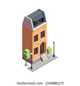 Townhouse building isometric composition with isolated colourful building with multiple storeys and modern architecture design vector illustration