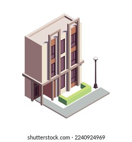 Townhouse building isometric composition with isolated colourful building with multiple storeys and modern architecture design vector illustration