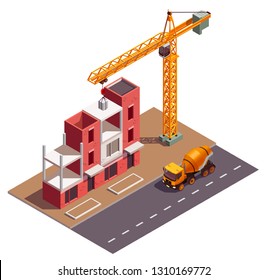 Townhouse buildings isometric composition with view of building site crane and residential dwelling house under construction vector illustration