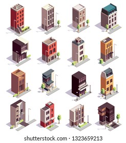 Townhouse buildings isometric set of sixteen isolated colourful buildings with multiple storeys and modern architecture design vector illustration