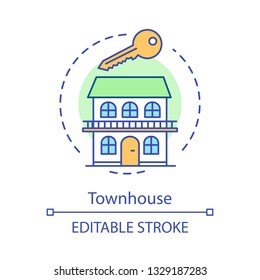 Townhouse concept icon. Family house, mansion. Two-storey cottage, building. Property, real estate for rent, sale. Idea thin line illustration. Vector isolated outline drawing. Editable stroke
