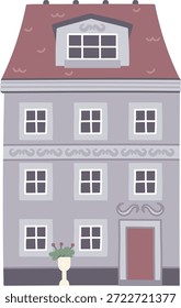 Stadthaus-Fassade mit vielen Fenstern, Schlafsaal, verzierte Zierleisten, und eine Haustür in einer vertikalen Zusammensetzung. Symbol des städtischen Lebens, Immobilien, Eigentum, Nachbarschaft Charme. Cartoon, Vektorgrafik.