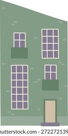 Fachada de la casa con ventanas altas, dos Pequeños balcones y un techo inclinado en Formas geométricas limpias. Símbolo de la vida urbana, bienes raíces, vivienda y arquitectura. Ilustración vectorial de dibujos animados.