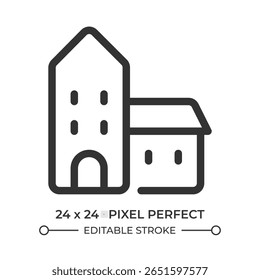 Ícone de interface do usuário da linha da moradia. Imóveis, bens pessoais. Construção urbana. Casa viva, residência. Símbolo de contorno de vetor isolado. Elemento linear da interface do usuário do Webdesign, pixel perfect