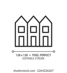 Stadthaus Pixel perfekt lineares Symbol. Mehrstöckige Häuser in Reihe. Luxusgrundstück. Immobilien. Stadt umziehen. Dünne Illustration. Contour-Symbol. Vektorgrafik-Zeichnung. Bearbeitbarer Hub