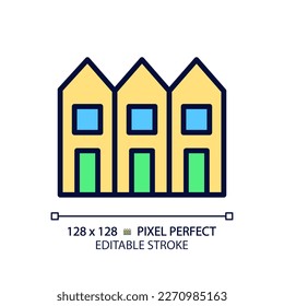 Townhouse pixel perfect RGB color icon. Multiple floor houses in row. Luxury property. Real estate. City rowhouse. Isolated vector illustration. Simple filled line drawing. Editable stroke