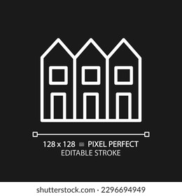 Townhouse pixel perfect white linear icon for dark theme. Multiple floor houses in row. Luxury property. City rowhouse. Thin line illustration. Isolated symbol for night mode. Editable stroke
