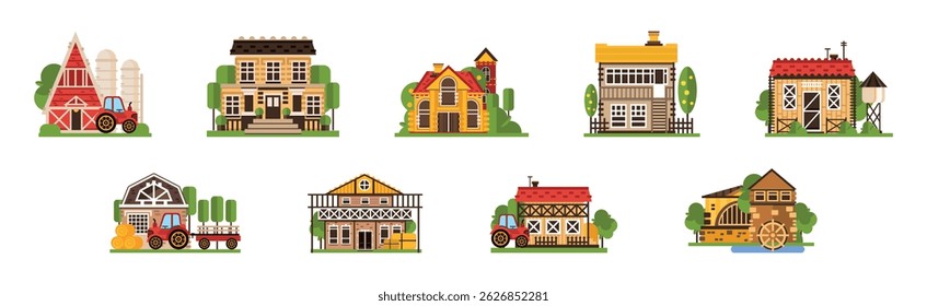 Townhouse and Rural House with Tree Flat Vector Set