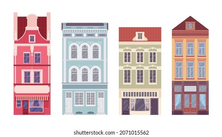 Stadthaus-Set, Apartmentfassaden in Folge. Rowhouses, Architektur entlang der Stadtstraße, Herrenhaus-wie attraktive farbige Außenfassade, erste Etage für Café, Shop-Miete. Vektorgrafik im Flachstil