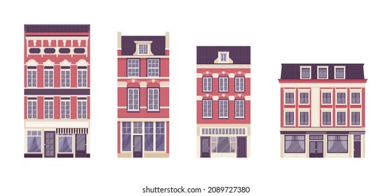 Townhouse set, detached buildings, classical accommodations for city living. Different architecture, stepped gable, mansard roof, victorian house, brick pattern. Vector flat style cartoon illustration