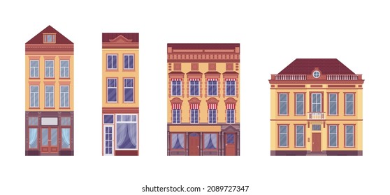 Townhouse set, detached buildings, elaborate ornament, classical city facade. Brown beige houses, suburban cottage residential architecture of victorian design. Vector flat style cartoon illustration