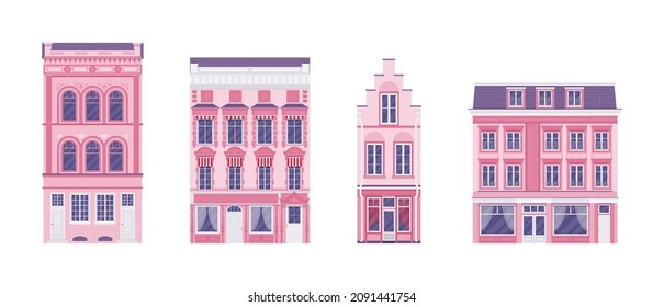 Townhouse set, detached buildings, elaborate ornament, classical city facade. Pink color houses, suburban cottage residential architecture, victorian design. Vector flat style cartoon illustration