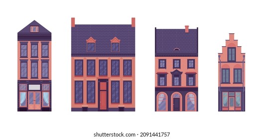 Townhouse set, detached buildings, elaborate ornament, classical city facade. Red brick houses, suburban cottage residential architecture, victorian design. Vector flat style cartoon illustration