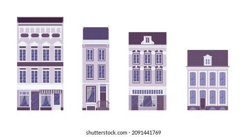 Townhouse set, detached buildings, elaborate ornament, classical city facade. Dark and white houses, suburban cottage residential architecture, victorian design. Vector flat style cartoon illustration