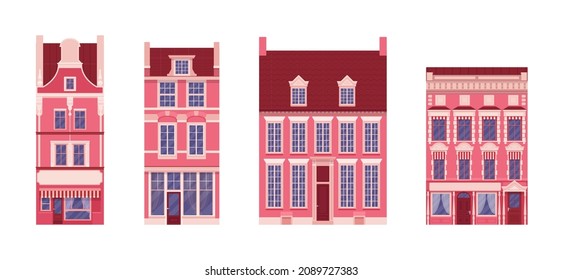 Townhouse set, detached buildings in pink, red facade ornament. Different exterior architecture, stepped gable, mansard roof, victorian houses in brick pattern. Vector flat style cartoon illustration