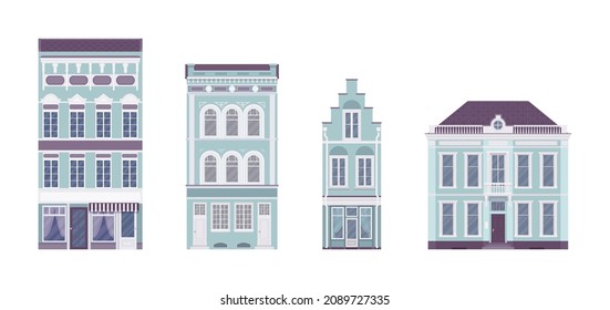 Townhouse set, different detached buildings beautiful facade. Different architecture, stepped gable, mansard roof, victorian houses with attic in brick pattern. Vector flat style cartoon illustration