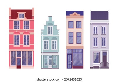 Townhouse set slim, high, steep beautiful canal houses, stepped gable, individually decorative designed separate apartments in row, luxury living architecture. Vector flat style cartoon illustration