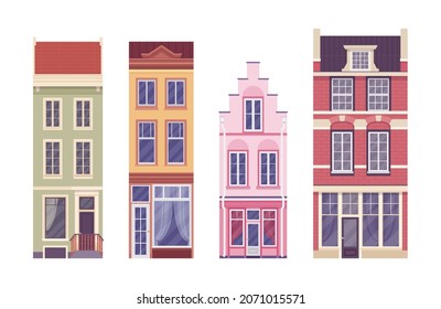 Townhouse set, tall narrow houses in town or city. Multilevel residential separate buildings, beautiful Dutch exterior, first floor for cafe, shop, store rent. Vector flat style cartoon illustration