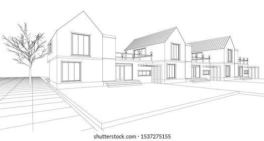 
townhouse sketch 3d illustration concept
