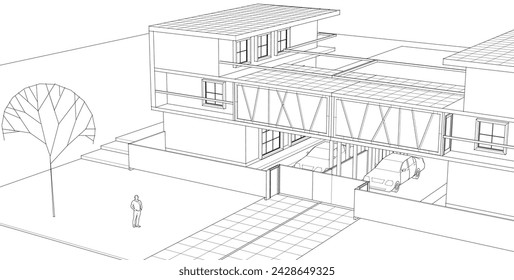 townhouse sketch exterior 3d illustration