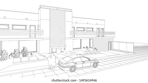 
townhouse sketch project 3d illustration