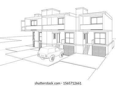 townhouse sketch project 3d illustration