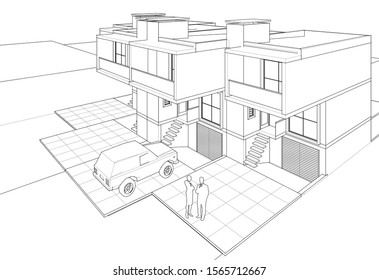townhouse sketch project 3d illustration