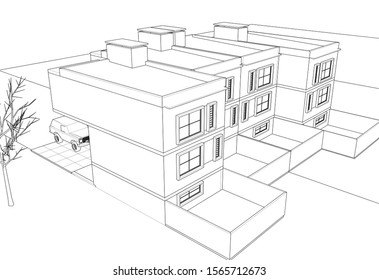 townhouse sketch project 3d illustration