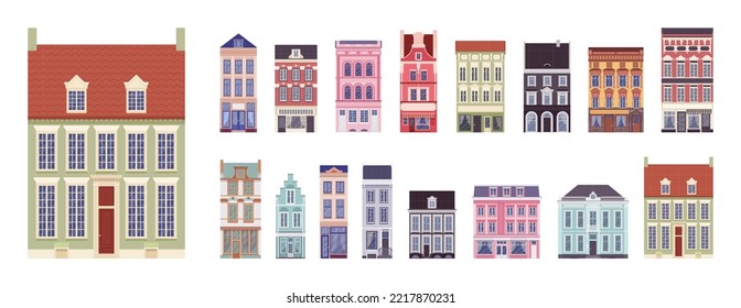 Townhouse, town home, bright terrace house cartoon set. Single family elegant residence, row of attached city dwellings in classical design, vivid multiple floors. Vector flat style illustration