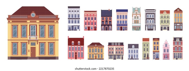 Townhouse, town home, terrace house cartoon set. Wealthy single family elegant residence, row of attached city dwellings in classical design, bright multiple floors. Vector flat style illustration