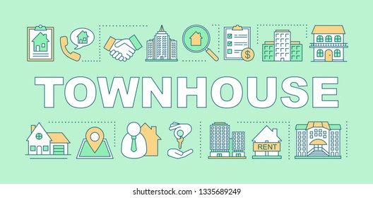 Townhouse word concepts banner. Real estate agency services. Property deal. Houses for rent, sale presentation, website. Isolated lettering typography idea with icons. Vector outline illustration