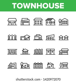 Townhouses, Residential Buildings Vector Linear Icons Set. Townhouse, Cottage And Villa Outline Symbols Pack. Countryside And Suburbs Area Property, Real Estate Isolated Contour Illustration