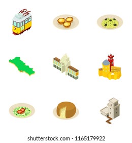 Townlet icons set. Isometric set of 9 townlet vector icons for web isolated on white background