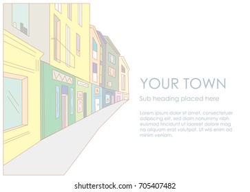 Town's high street with shops and residential flats on the left in a pastel color layout poster