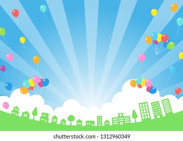 townscape and balloon in the blue sky
