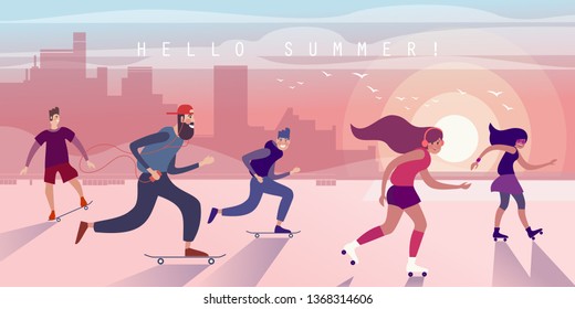 Townsfolk and city ​​dwellers ride skateboards and roller skates summer at sunset. Vector illustration.