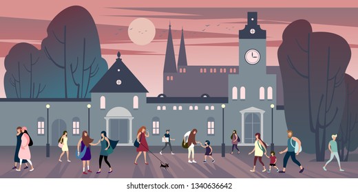 Townsfolk walk in the summer downtown. Vector illustration.