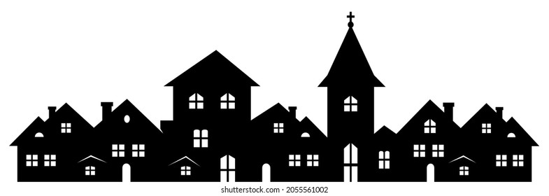 Township with church, black silhouette on white background, vector illustration
