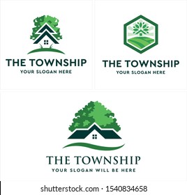 Township logo with home tree land grass hexagon swoosh green vector suitable for environmental township community organization company township home garden