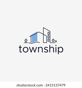 Township logo with home tree land grass hexagon swoosh green vector suitable for environmental