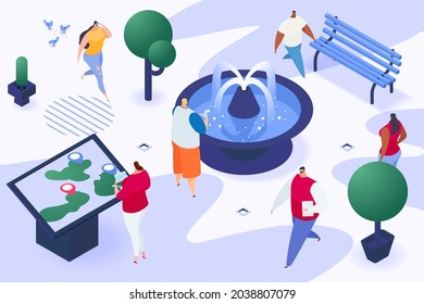 Townspeople character together walk urban garden place with fountain, stroll city people 3d isometric vector illustration, isolated on white.