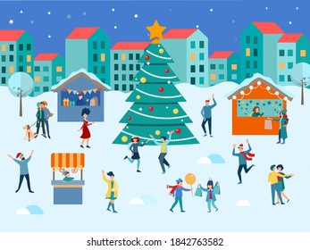 The townspeople dance and have fun for Christmas and New Years at the Christmas and New Year's gifts and sweets fair. Concept vector illustration New year and Сhristmas in the Сity