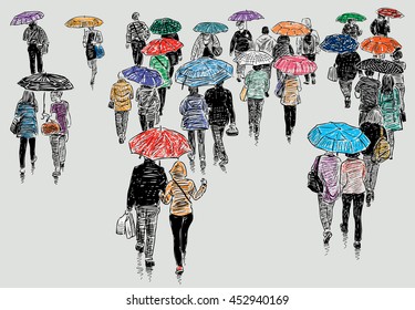 townspeople in the rain