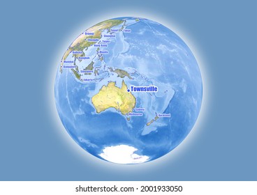 Townsville-Australia is shown on vector globe map. The map shows Townsville-Australia 's location in the world.