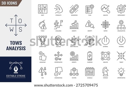 TOWS Analysis icon set. Strategy, business, management, swot, strength, weakness and more. Editable stroke. Vector illustration