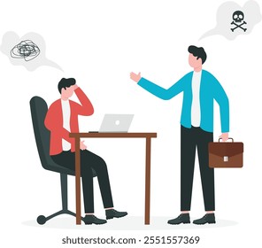 Toxic or bad behavior boss in workspace. Fail leadership caused unsuccessful works and destroyed good relationships inside the operating team. Irritated boss complained to his subordinate.
