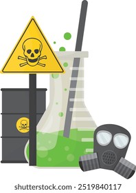 A toxic beaker filled with green liquid beside a hazard sign, barrel, and gas mask, symbolizing chemical danger. Chemical danger illustration