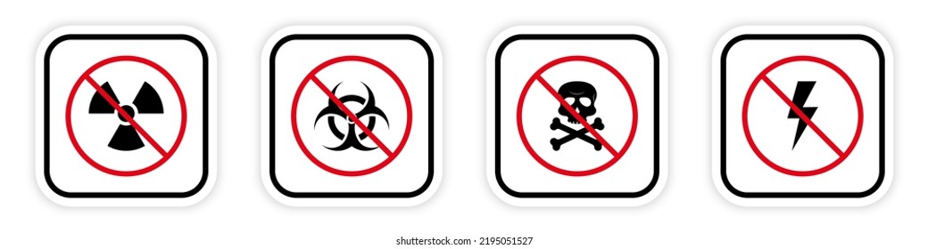 Toxic Bio Hazard Waste Forbid Pictogram Set. Biohazard Red Stop Symbol. Danger Area Black Silhouette Icon. No Allowed Electricity Lightning Sign. Radiation Zone Prohibit. Isolated Vector