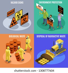 Toxic Biological And Radioactive Waste 4 Isometric Icons Concept With Environment Protection Activists Hazard Signs Vector Illustration